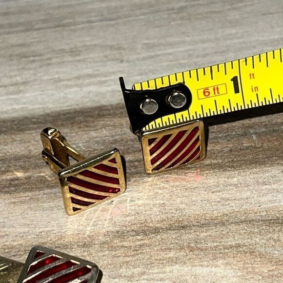 Vintage Red Striped Tie Bar And Cuff Links Set Mens Gold Tone Classic Old Money - Picture 5 of 10